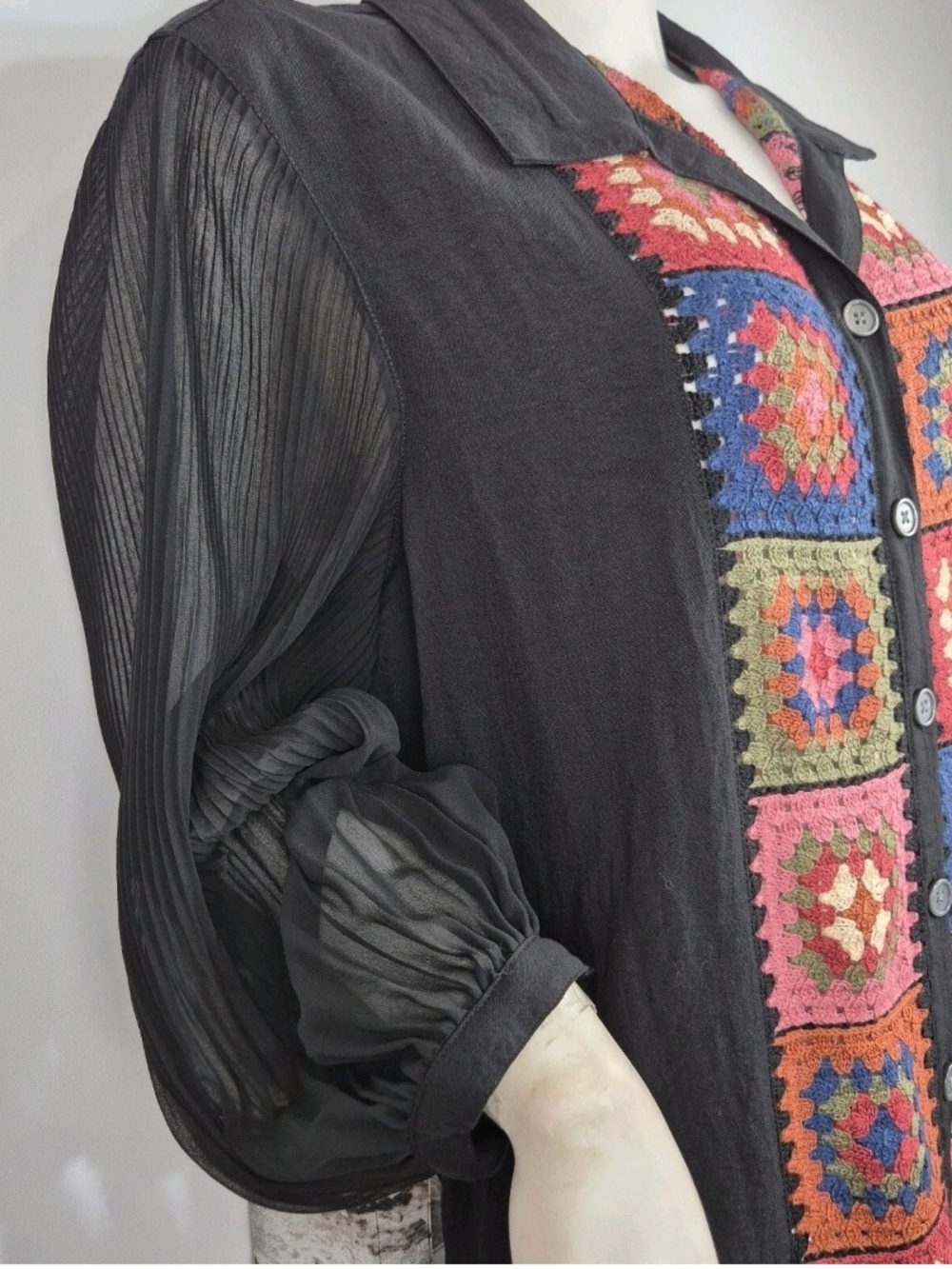 John Mark Women's Size PXL Crochet Button Up Shirt Tunic Black Long Sleeve 25 - Picture 4 of 14